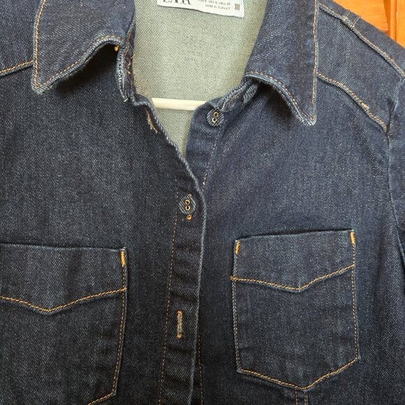 Zara Women's Denim Dark Blue Button Down Shirt W/ Front Pockets Size XS/S - Picture 7 of 7
